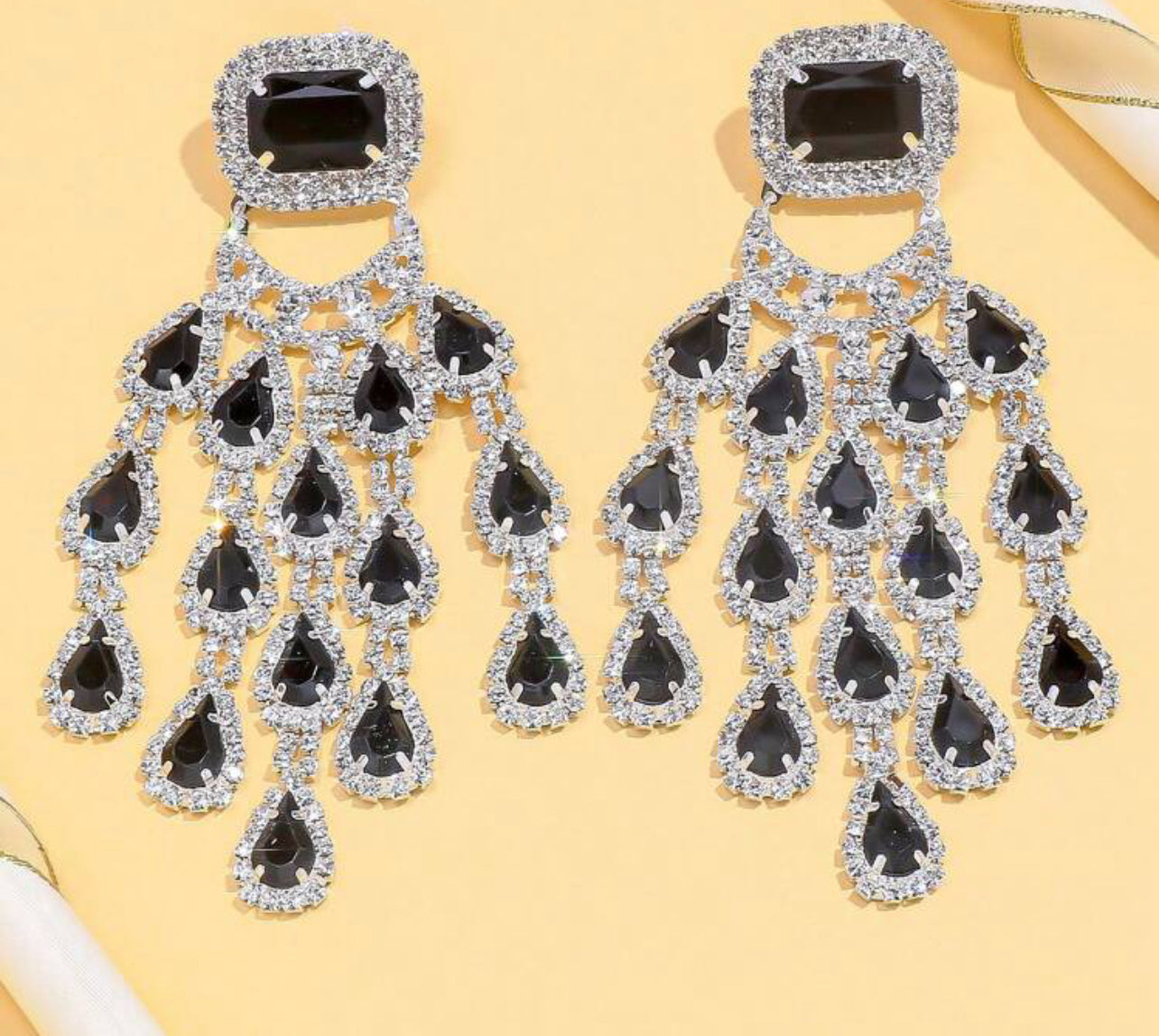 Diamond and Black Waterfall Earrings 